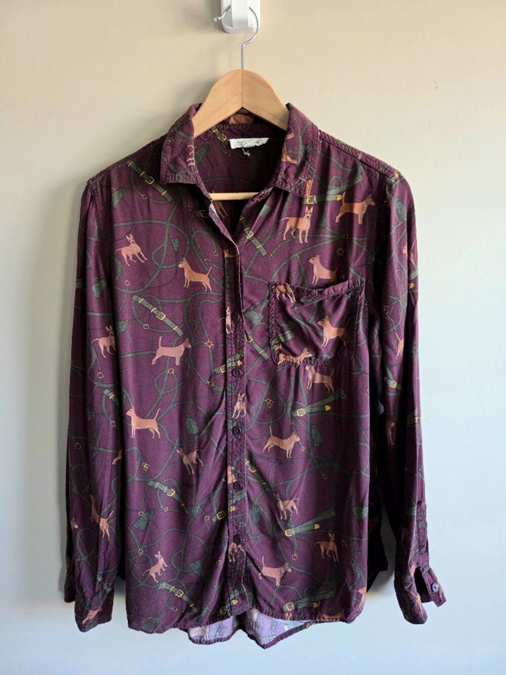 Beachlunchlounge Dog Print Maroon Button Down Long Sleeve Shirt